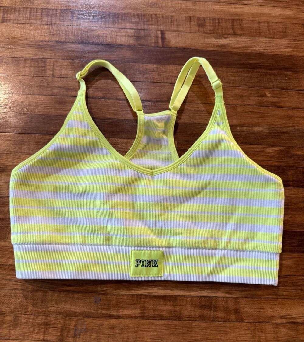 Victoria's Secret VSX Neon Yellow & White Striped Sport Bra (01)